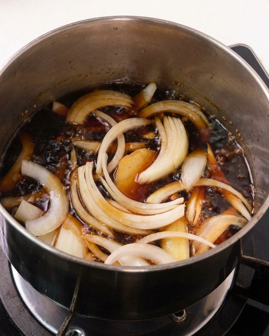 Thick onion wedges and fresh ginger pulp being stirred into a dark, simmering sauce inside a metal saucepan.