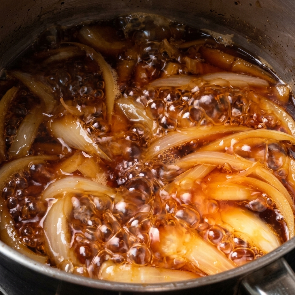Close-up of onion slices bubbling in a dark, savory broth, showing the sauce beginning to glaze the vegetables.