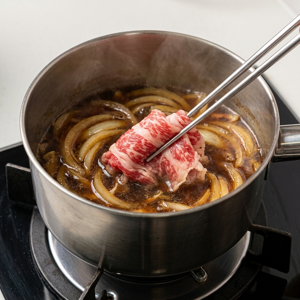 Metal chopsticks lifting and placing marbled, thinly sliced raw beef into a pot of simmering onions and dark brown sauce.