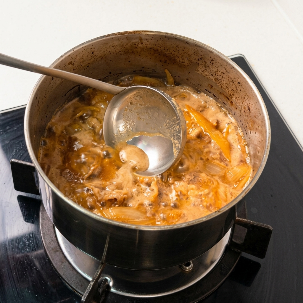 A metal ladle skimming frothy grey foam from the surface of a pot containing simmering beef slices and onions in a brown savory broth.