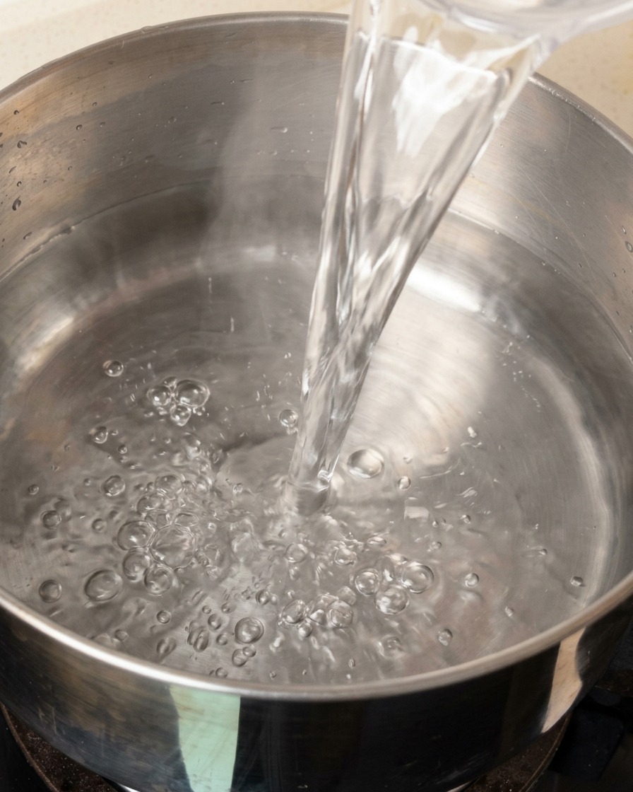 Fresh water being poured into a stainless steel pot on a stovetop.