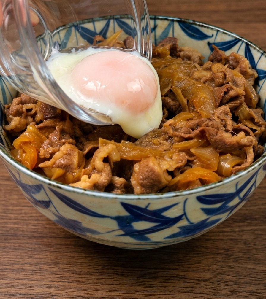 A soft-boiled onsen egg with a silky white being slid from a glass bowl onto a bowl of beef and rice.