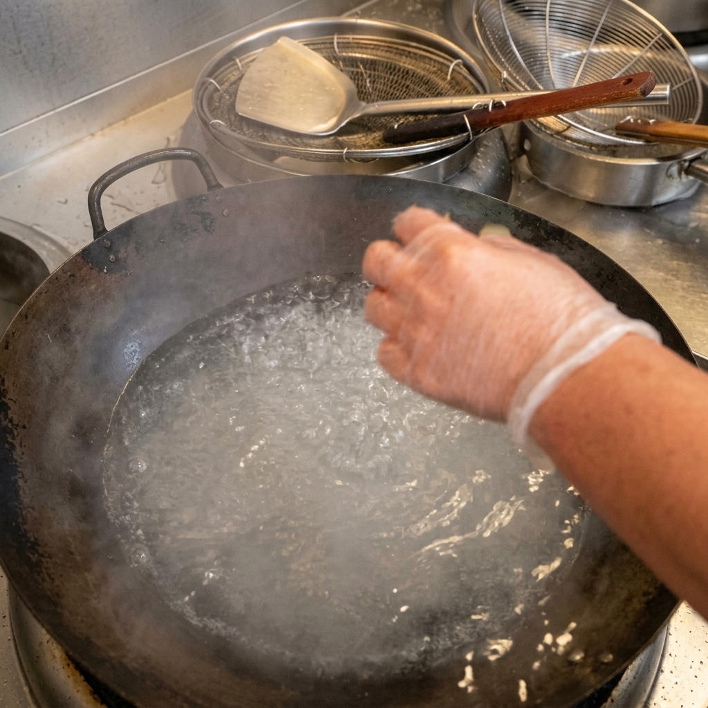 A gloved hand dropping a bay leaf into a wok of vigorously boiling water with melted butter.