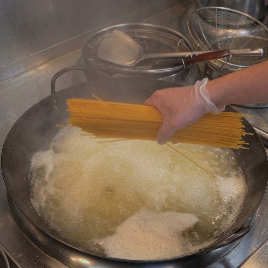 A gloved hand fanning a bundle of dry spaghetti into a wok of boiling water.
