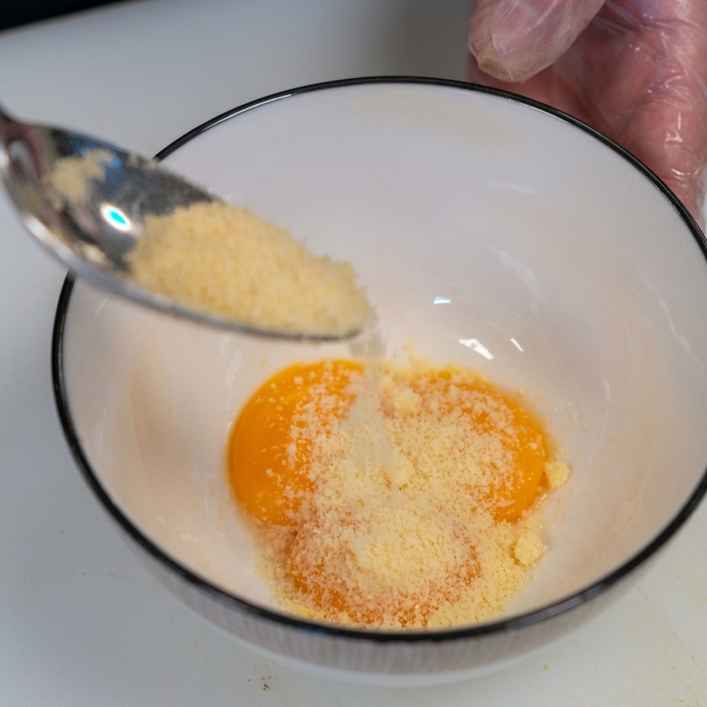 A spoon pouring grated cheese into a small white bowl containing three raw egg yolks.