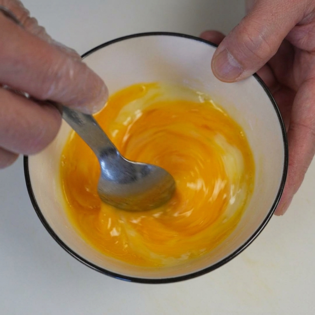Stirring raw egg yolks and grated cheese together in a small white bowl with a metal spoon.