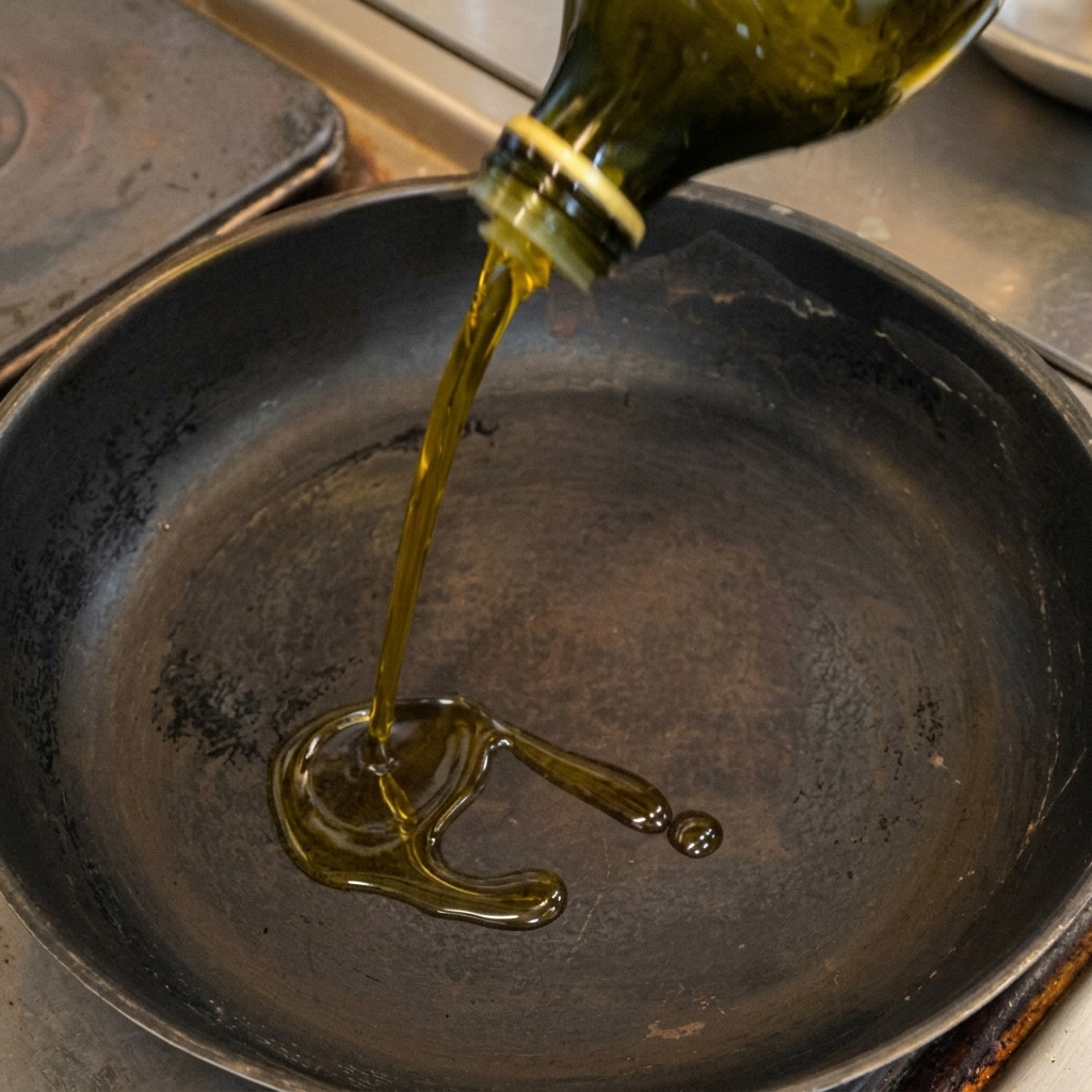 Pouring a stream of golden olive oil from a green bottle into a dark frying pan.