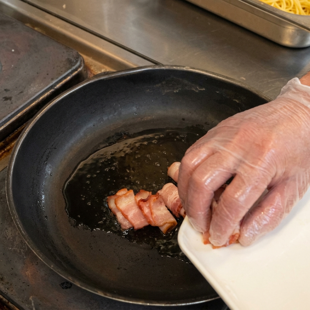 A gloved hand sliding small slices of bacon from a white plate into a frying pan with oil.