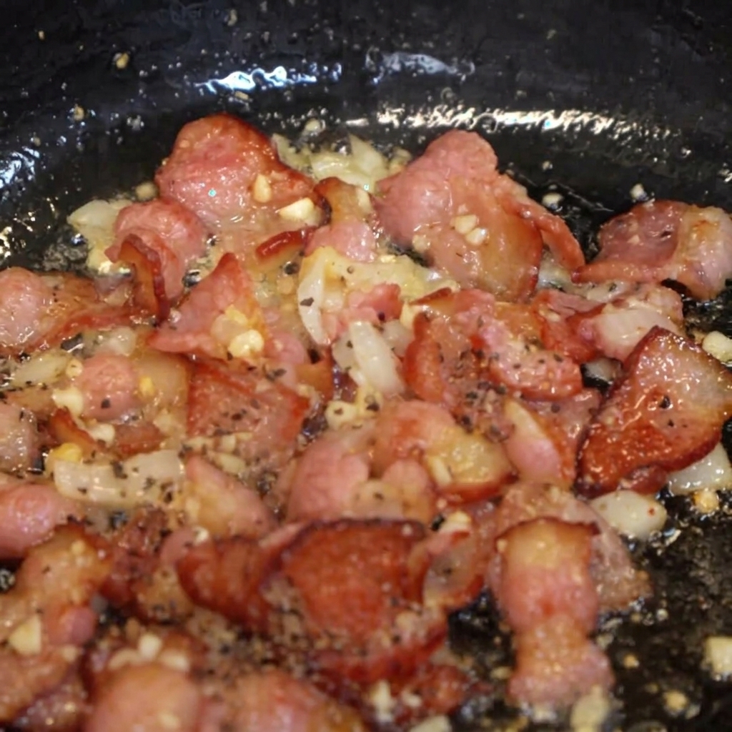 Bacon and onions sizzling in a pan, seasoned with crushed black pepper.
