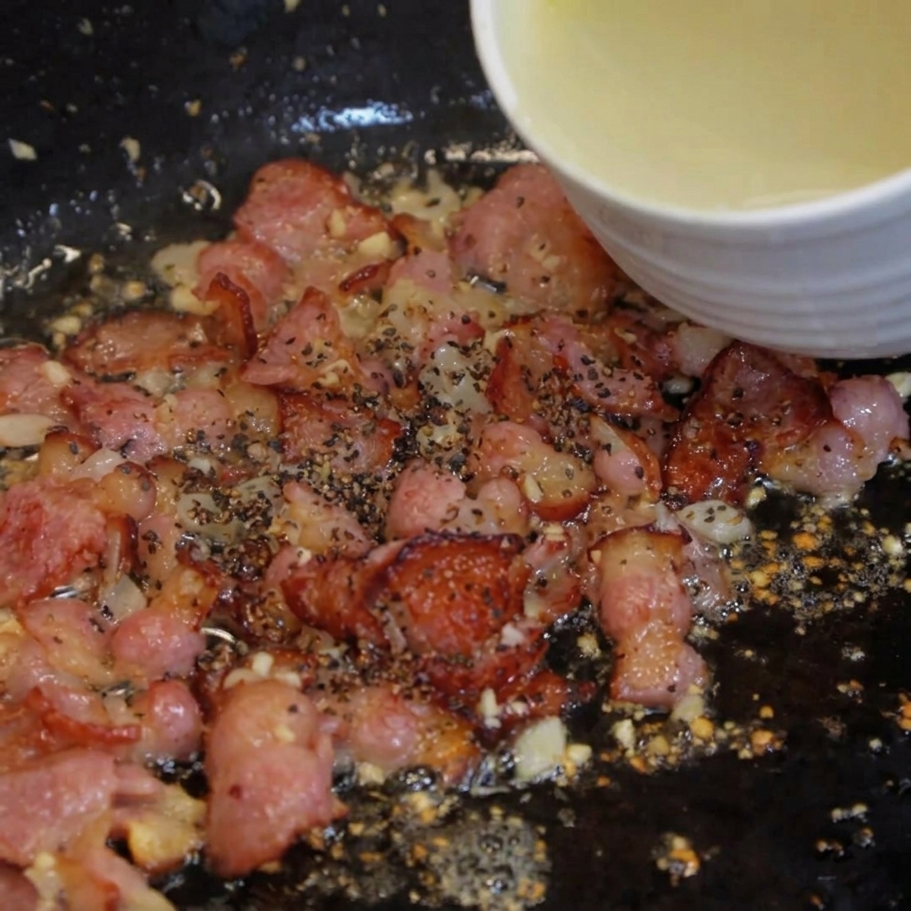 Pouring a small bowl of cloudy pasta water into a pan with cooked bacon.