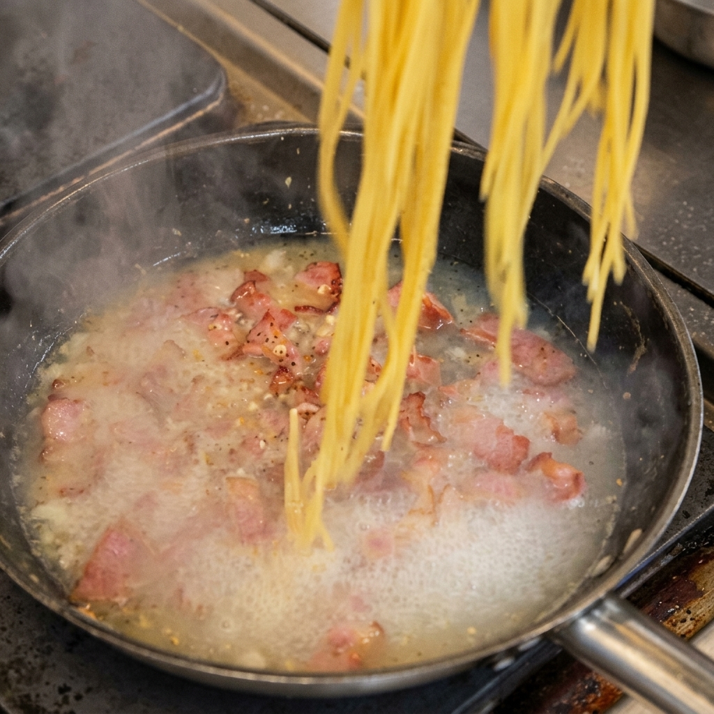 Strands of cooked spaghetti being lowered into a pan of sizzling bacon and onions.