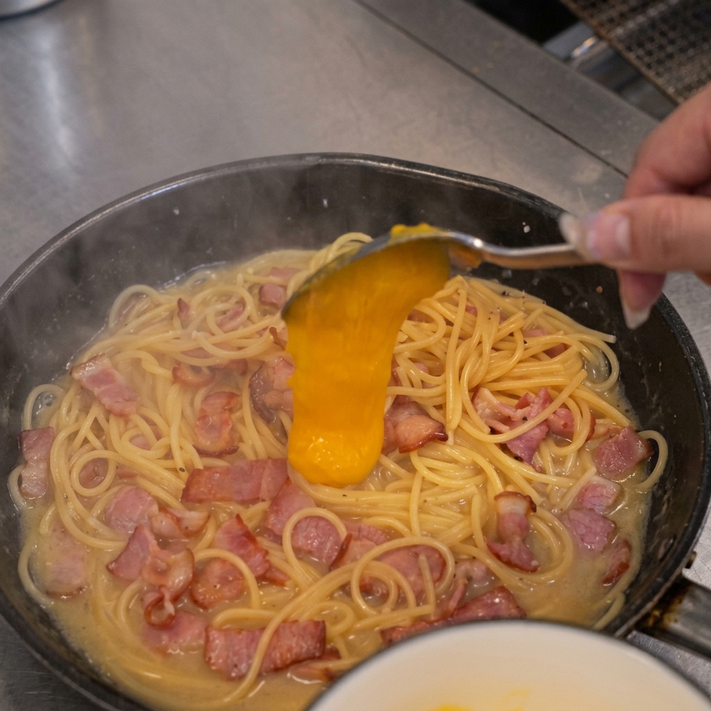 Pouring a creamy yellow egg yolk sauce from a spoon over a pan of spaghetti and bacon.