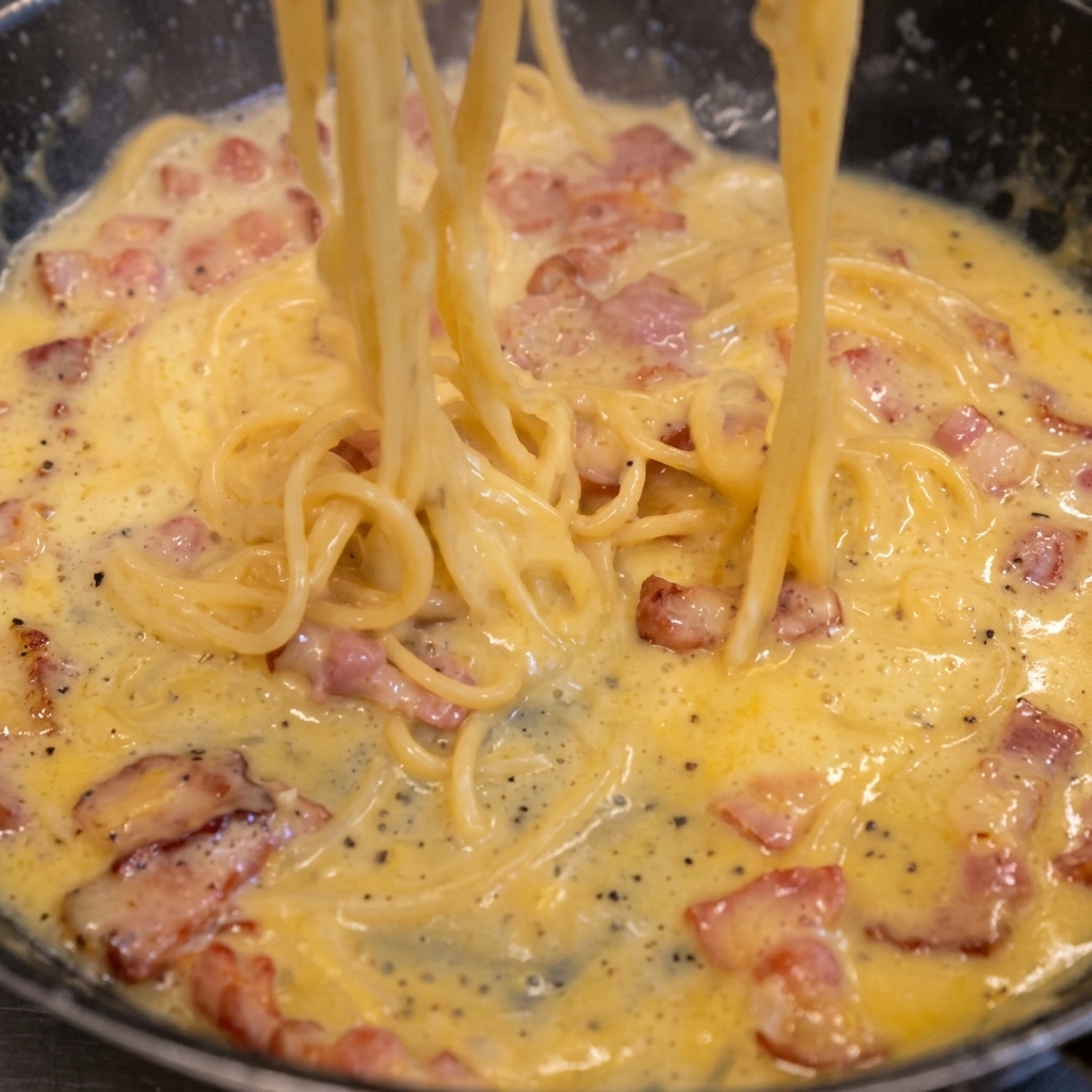 Spaghetti being tossed in a pan with a creamy, rich egg yolk sauce and crispy bacon pieces.