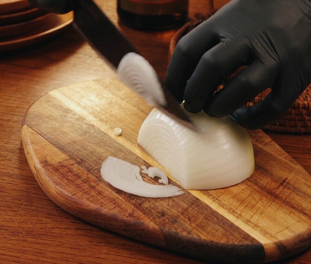 A person wearing black gloves carefully slicing a white onion into thin slivers on a wooden cutting board.