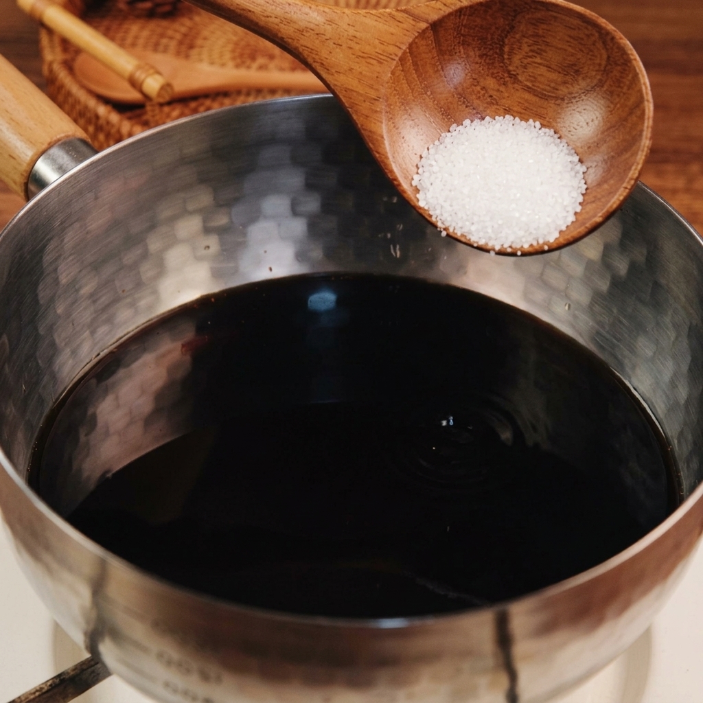 A wooden spoon holding white granulated sugar poised over a stainless steel pot filled with dark liquid.