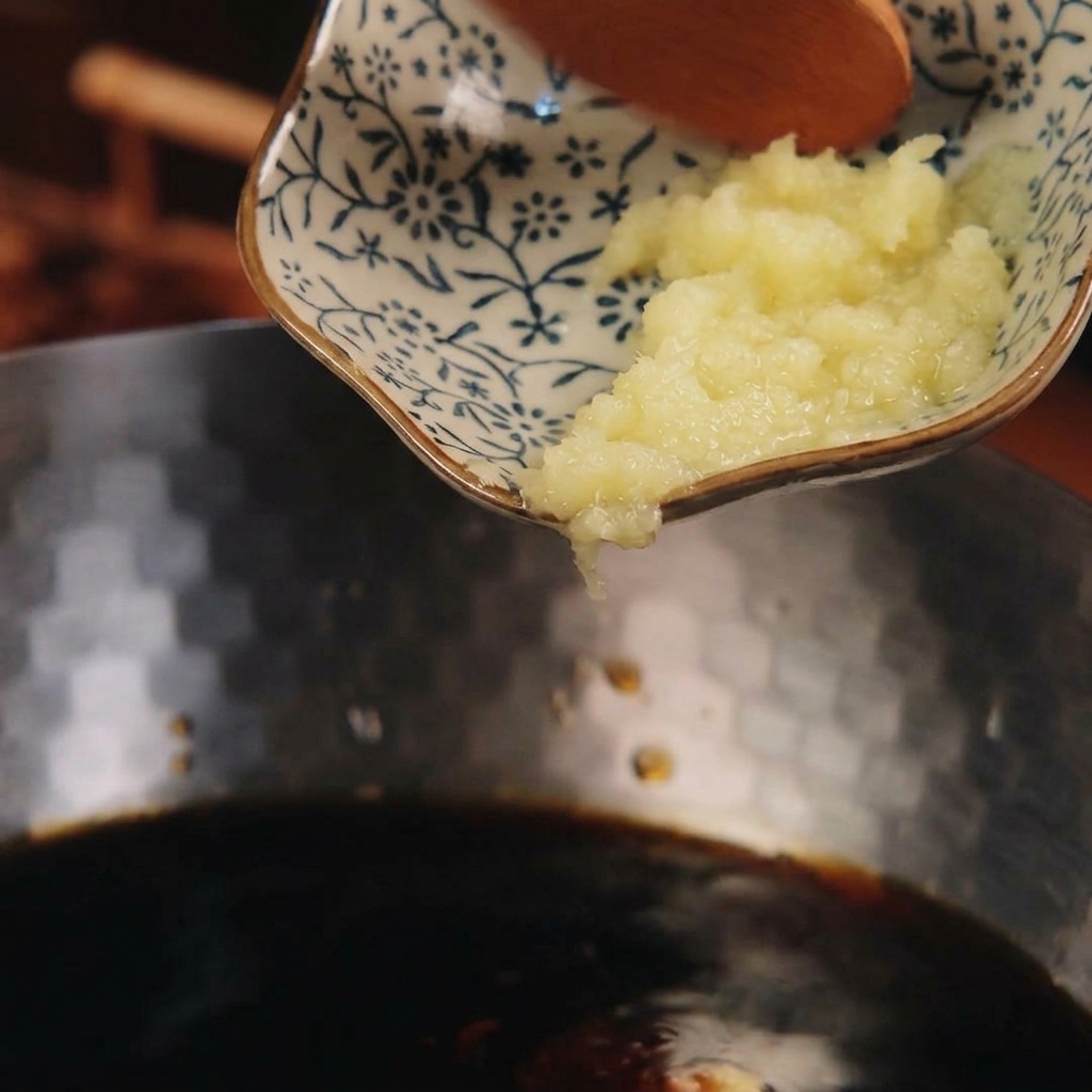 Freshly grated ginger paste being added to the dark savory sauce from a small, floral-patterned ceramic dish.