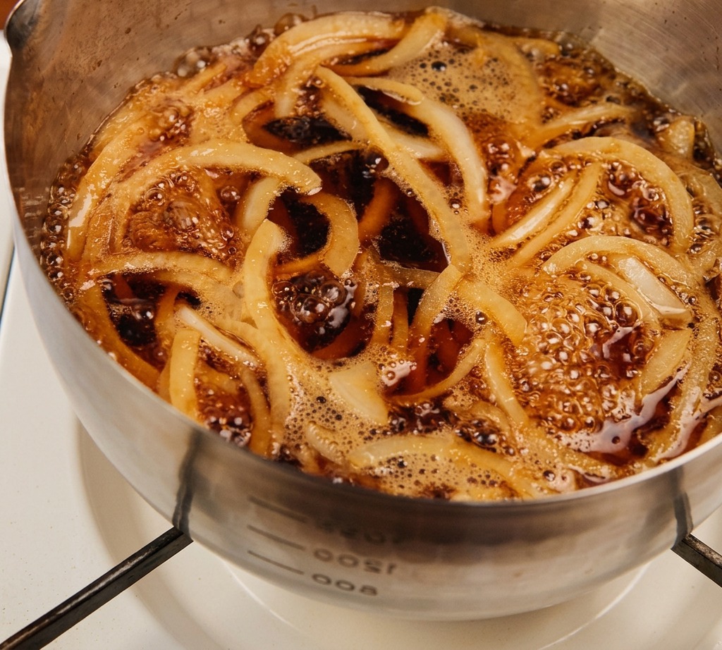 A stainless steel pot filled with sliced onions and dark sauce bubbling vigorously over a high flame.