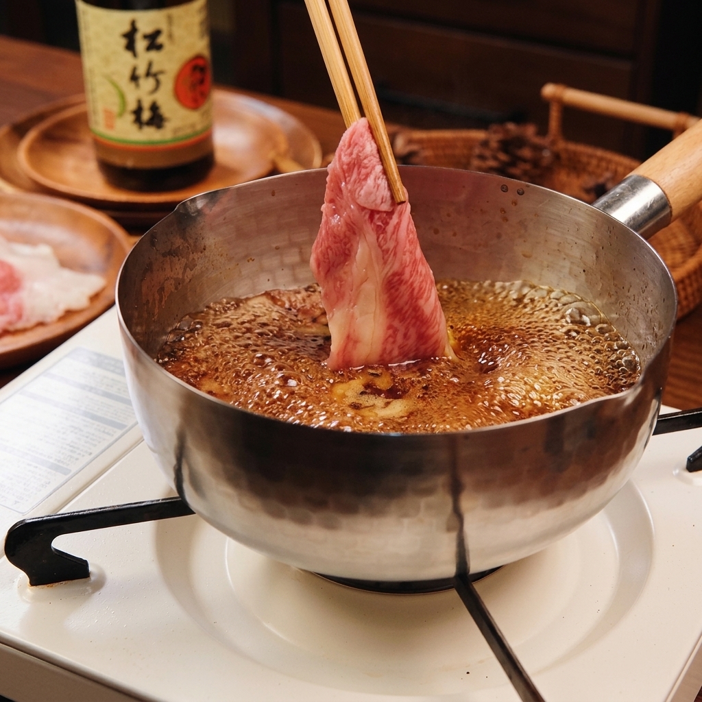 A pair of wooden chopsticks lowering a thin, marbled slice of raw beef into a pot of bubbling, dark savory liquid.