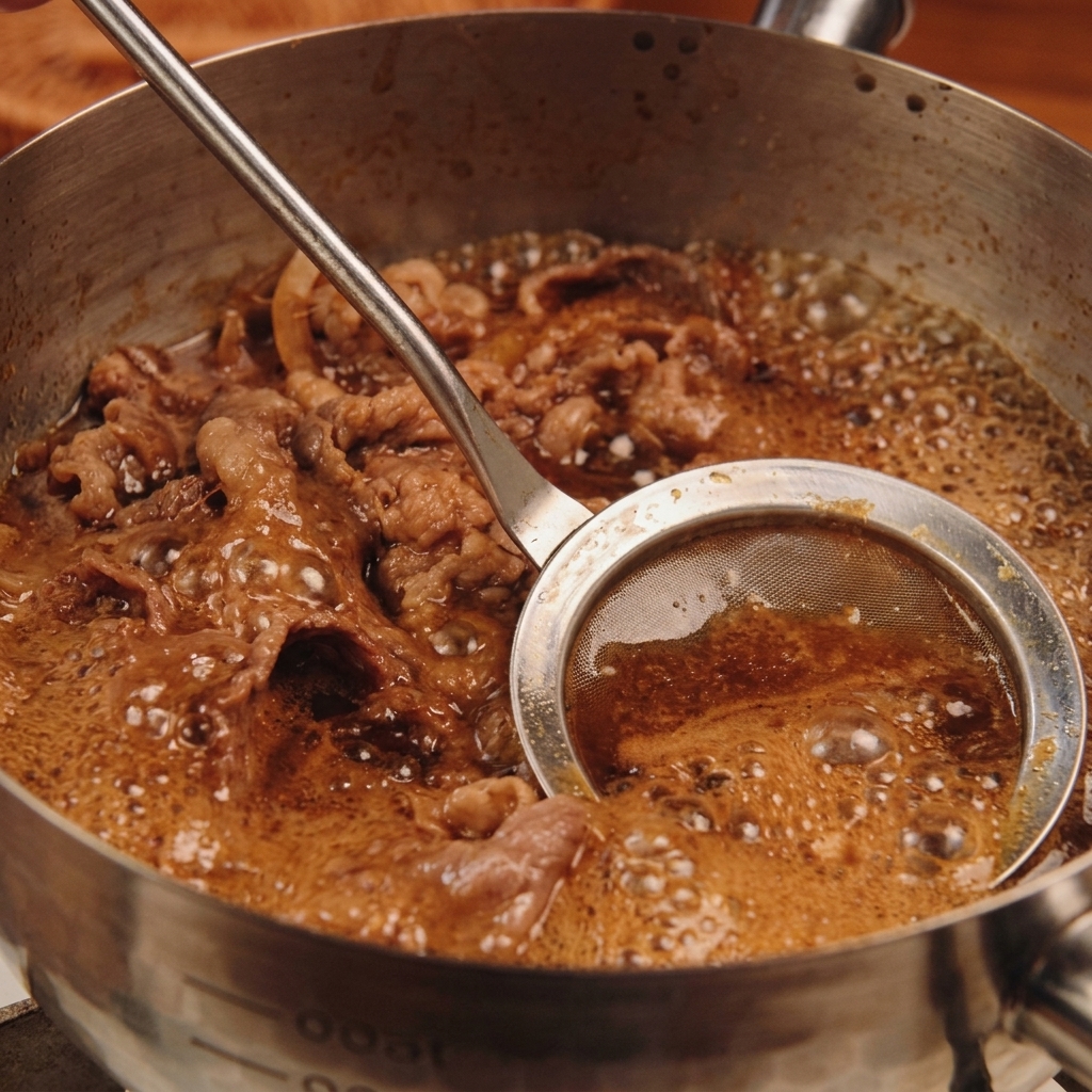 A fine-mesh skimmer removing brown impurities from the surface of a bubbling pot of beef and savory broth.