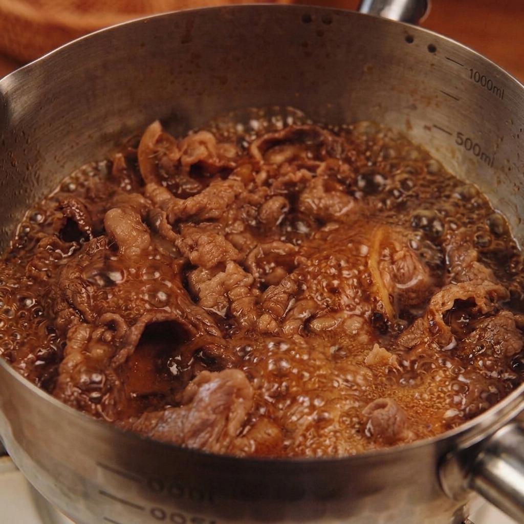 Thin slices of cooked beef and translucent onions simmering in a rich, dark brown broth inside a metallic pot with volume markings.