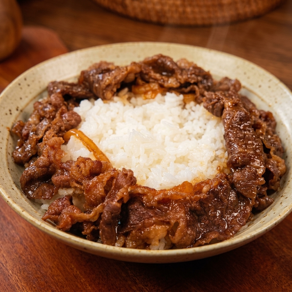 Tender cooked beef strips neatly arranged in a circle on a bed of fluffy white rice, with the center of the bowl left clear.