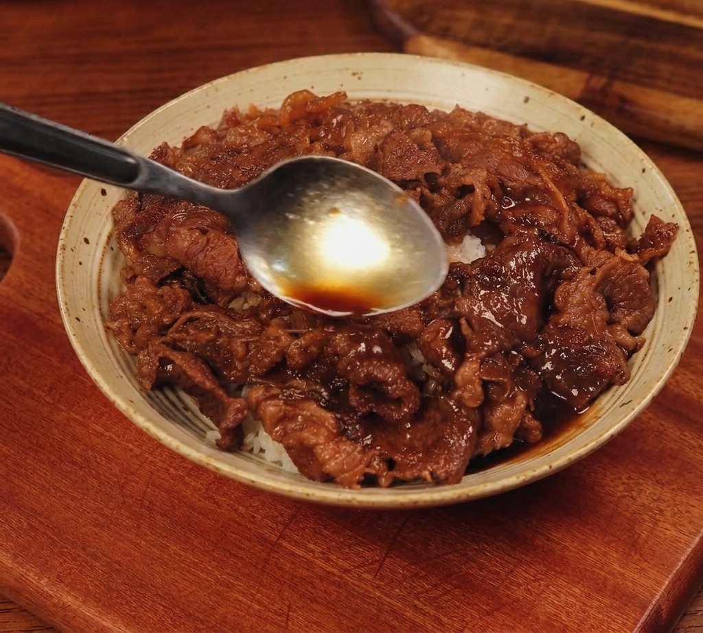 A close-up shot of a spoon pouring dark glistening beef broth over a bowl of thinly sliced cooked beef and white rice.