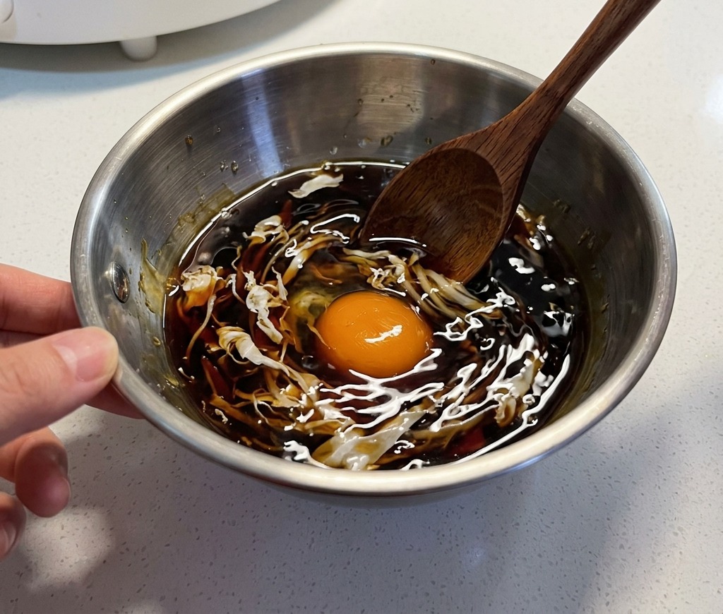 A wooden spoon stirring a dark umami sauce containing an egg yolk in a metal mixing bowl.