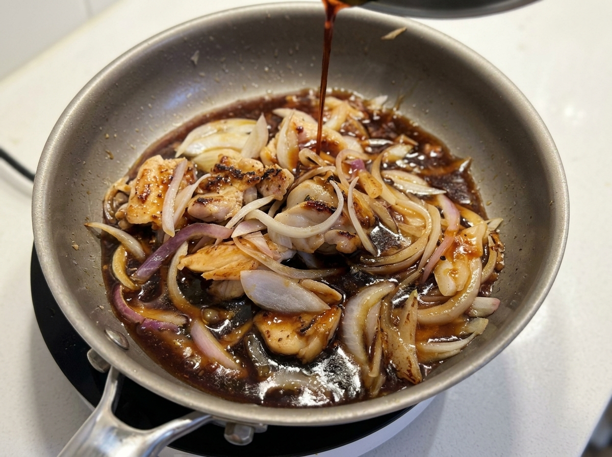 A dark soy-based sauce being poured over chicken and red onions in a simmering pan.