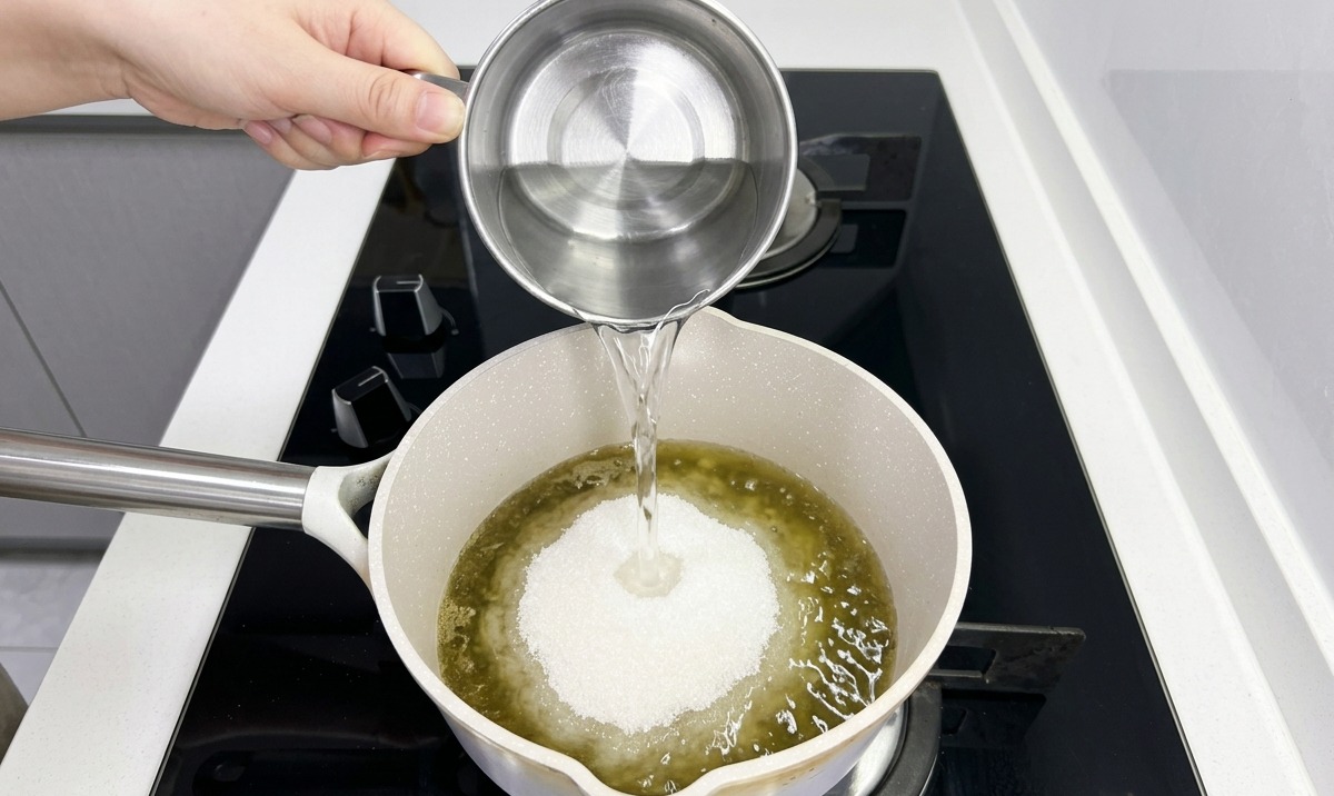 Water being poured from a stainless steel mug into a saucepan containing cumin powder and white seasoning powders.