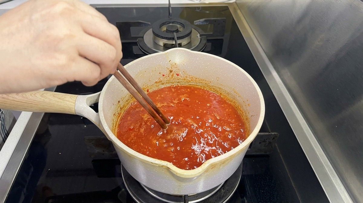 A small pot of bright red chili and garlic sauce simmering on a stovetop, being stirred with wooden chopsticks.