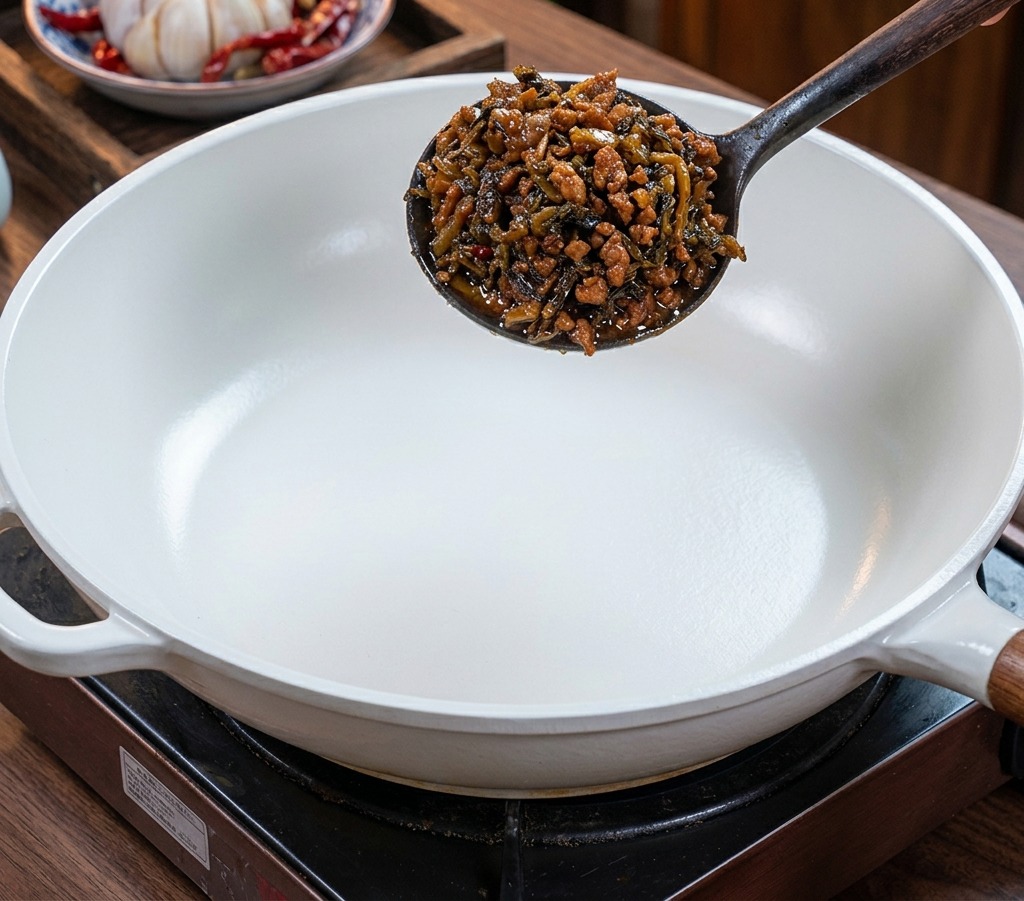 A dark ladle containing chopped pickled mustard greens being held over an empty, clean white frying pan.