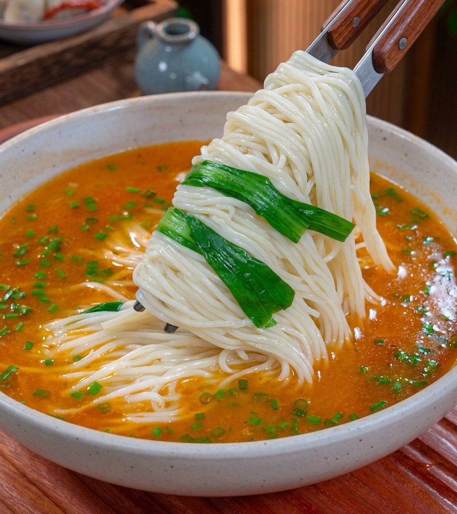 A bundle of white noodles and blanched green vegetables being lifted with chopsticks into a bowl of orange soup.