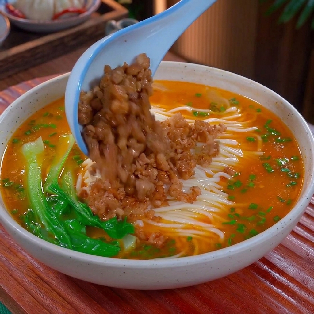 A blue ceramic spoon pouring a scoop of cooked minced meat into a bowl of noodles in a vibrant orange-red broth garnished with bok choy.