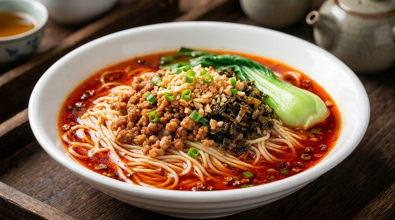 A classic bowl of Sichuan Dandan noodles with a vibrant chili oil broth, savory minced pork, pickled greens, and crushed peanuts.