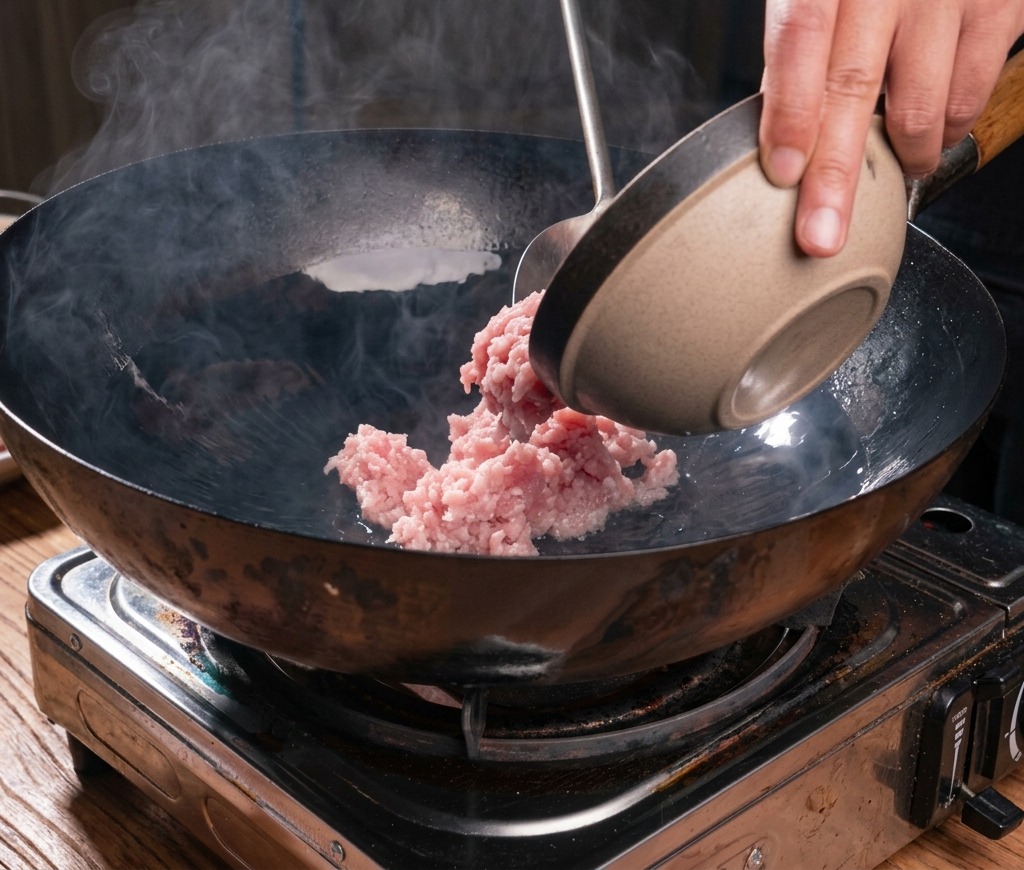 Minced pork being stir-fried in a large black wok with steam rising, as the fat begins to render.