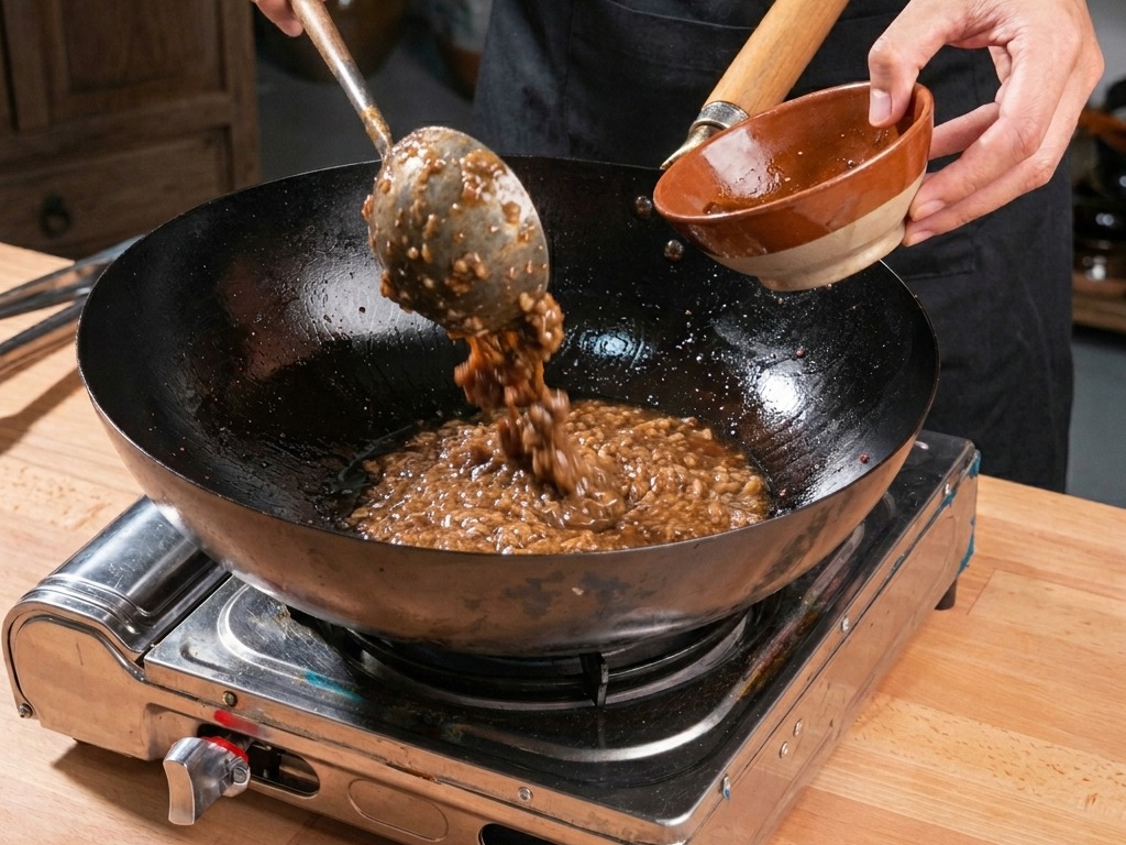 Finely chopped dark sprout vegetables being added from a small clay bowl into a wok containing browned minced meat.