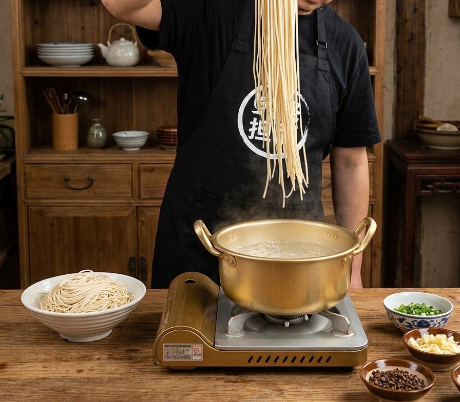 A bundle of thin pale noodles being lowered into a golden-colored pot of boiling water.