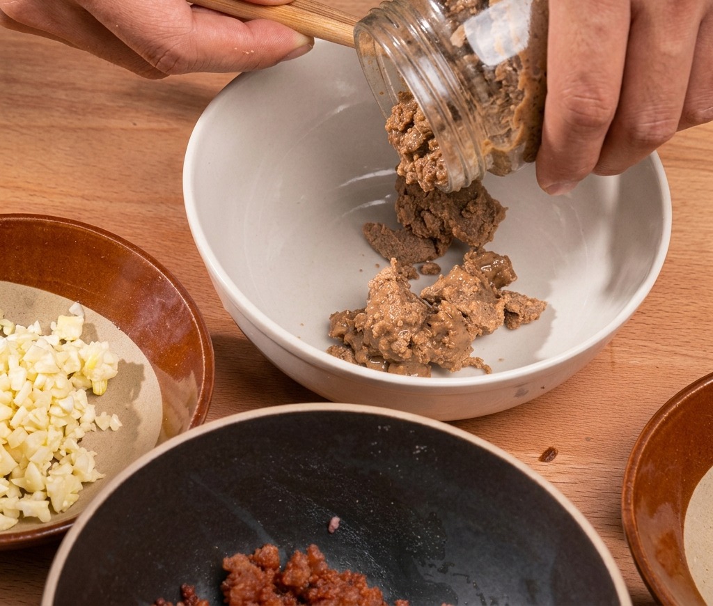 A wooden spoon scooping thick sesame paste from a glass jar into a white mixing bowl.