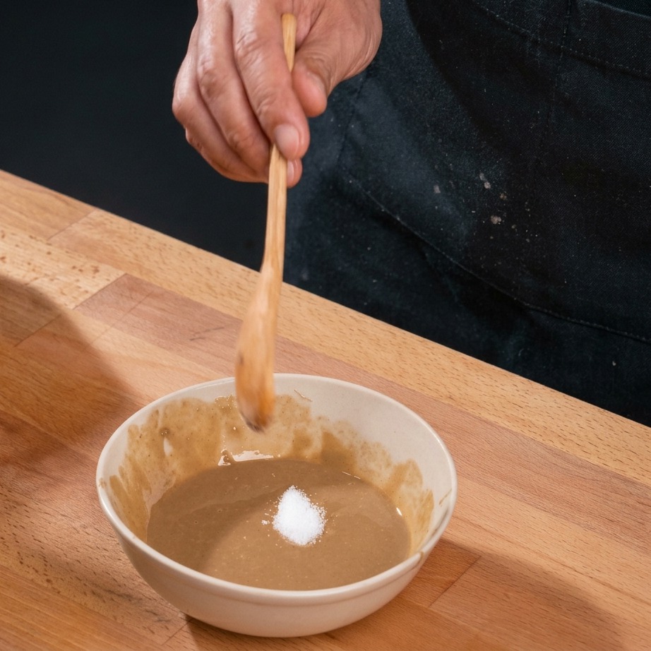 A hand using a wooden spoon to place a small amount of white crystalline seasoning into a bowl of light brown sauce.