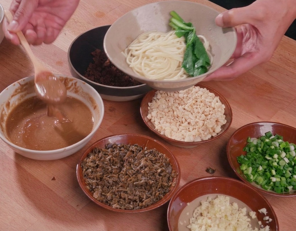 A wooden spoon drizzling thick, light-brown sesame sauce over a bowl of cooked white noodles garnished with bright green bok choy.