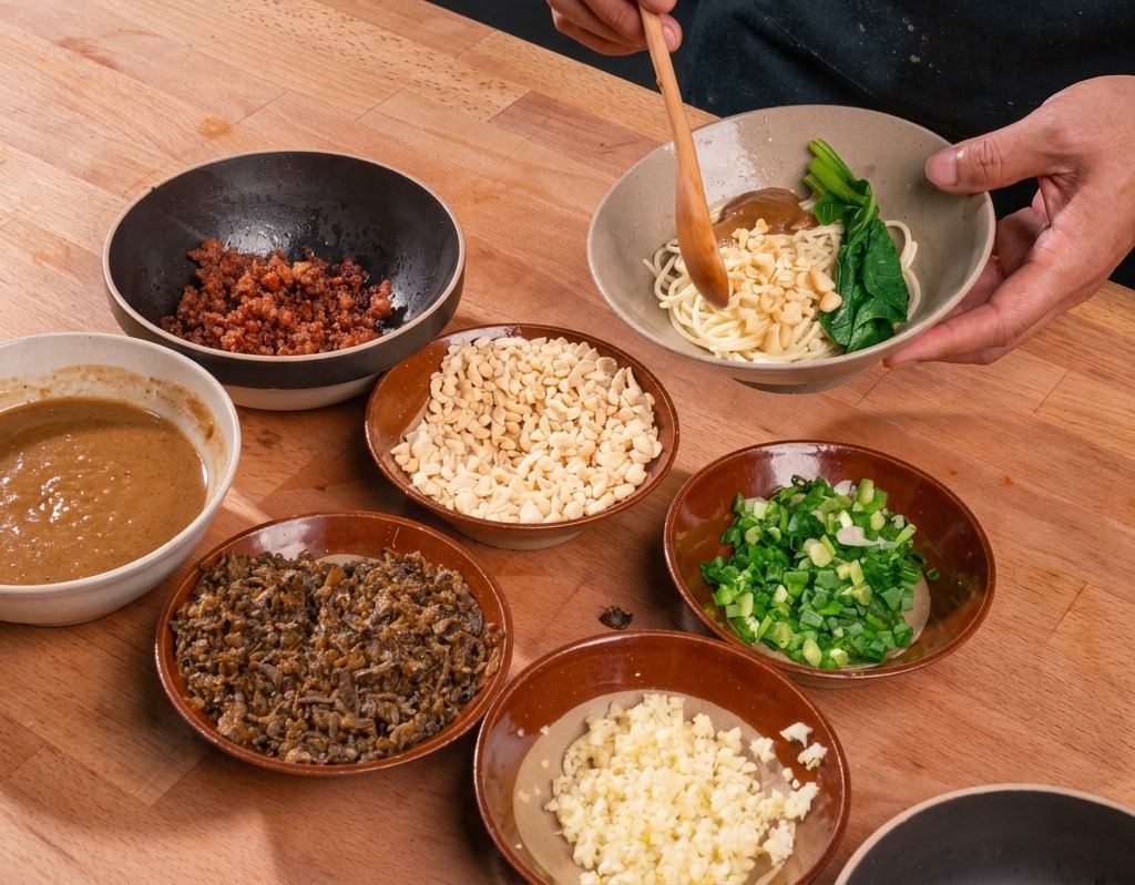 A wooden spoon adding crushed peanuts to a bowl of Dandan noodles, which already features sesame sauce and greens, surrounded by small bowls of toppings.