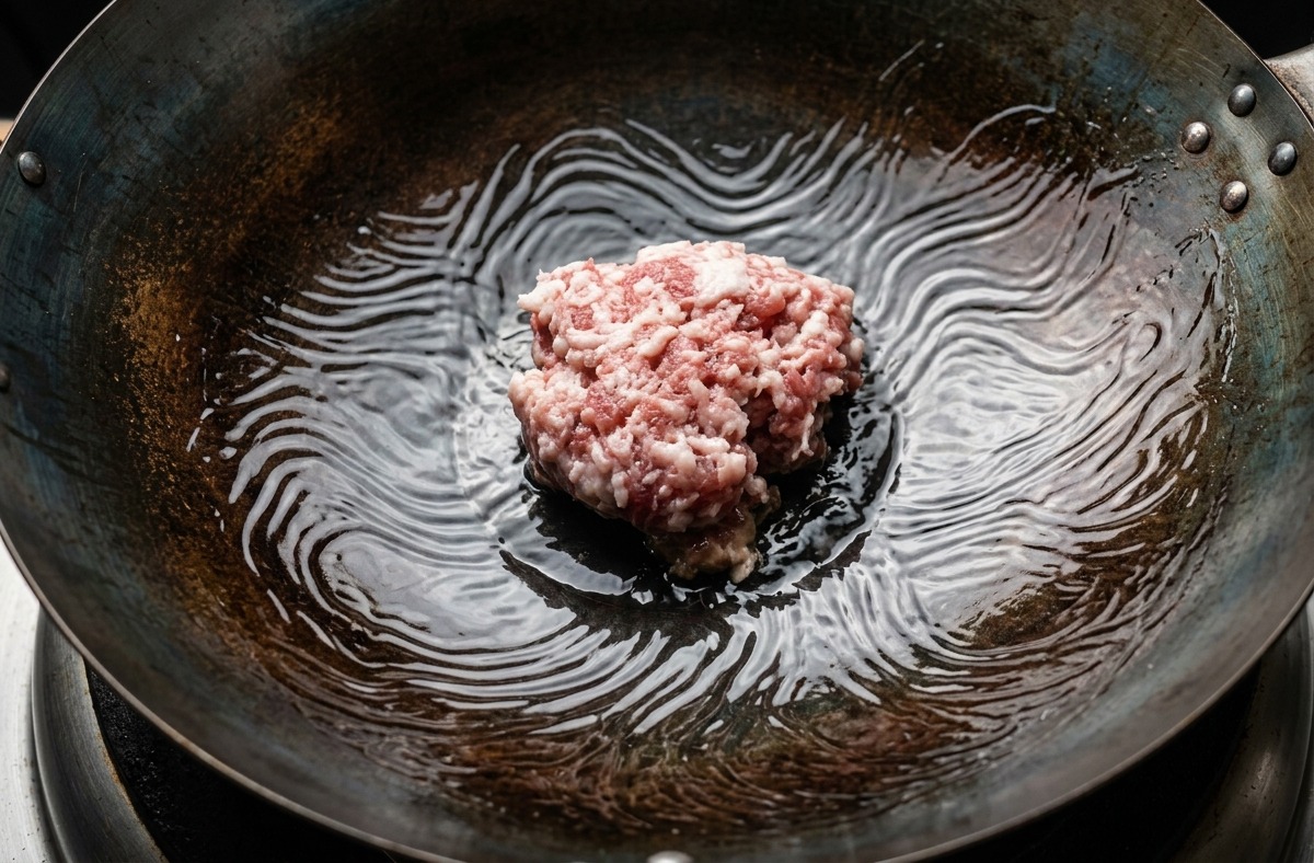 A pile of raw minced pork sitting in a pool of clear cooking oil at the bottom of a carbon steel wok.