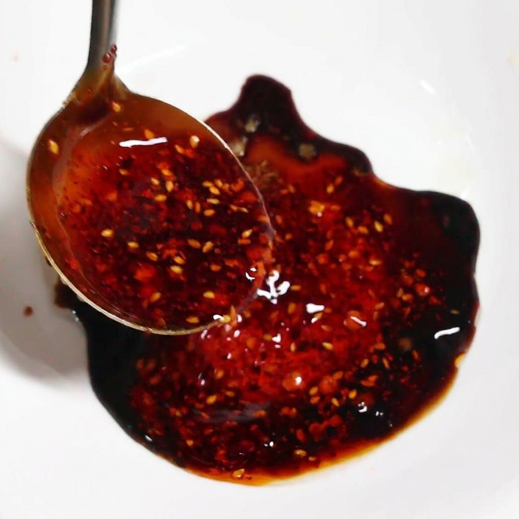 Bright red chili oil with visible sesame seeds being poured from a ladle into a white bowl containing sauce seasonings.