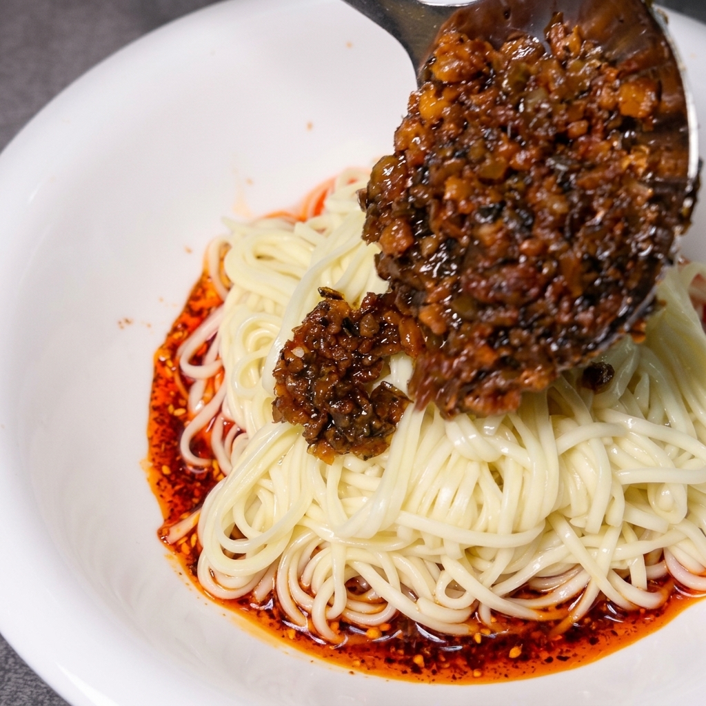 A large metal ladle placing a heap of dark, glistening stir-fried minced meat and preserved vegetables over a pile of white noodles in a bowl.