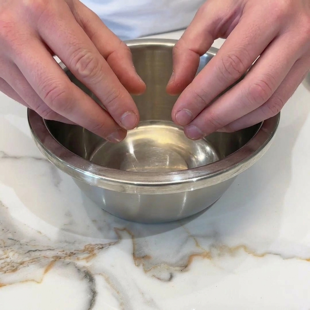 Two hands cracking a raw egg into a clean metal bowl on a marble countertop.