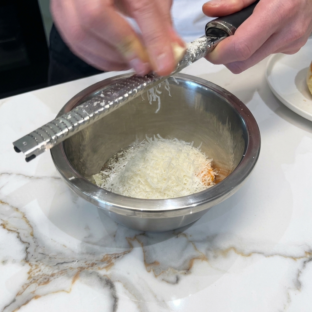 A microplane grater being used to shred a block of white cheese into a bowl containing an egg.