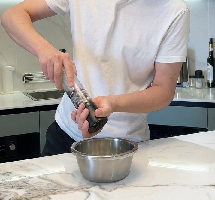 Hands using a black pepper mill to grind fresh pepper into a stainless steel bowl.