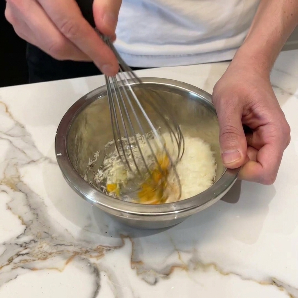 A whisk vigorously mixing egg yolks and finely grated cheese in a metal bowl to create a thick sauce base.