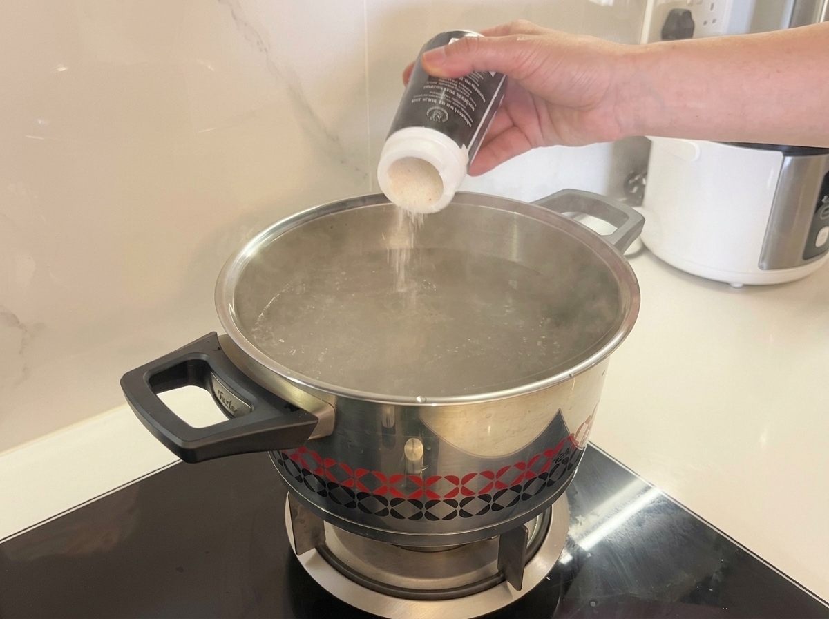 A hand pouring fine white salt from a container into a stainless steel pot of steaming, boiling water.