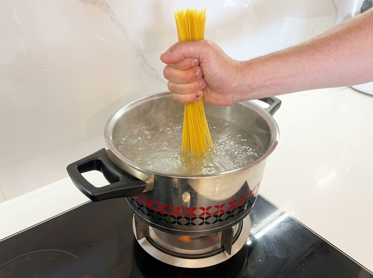 A hand holding a bundle of dry spaghetti noodles, plunging them straight down into a stainless steel pot of rapidly boiling water.